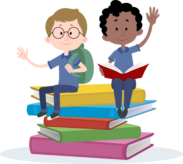 Illustratie van twee kinderen die lezen op een stapel boeken