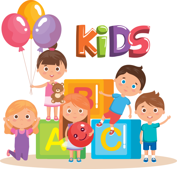 Illustratie van vrolijke kinderen met ballonnen en speelblokken