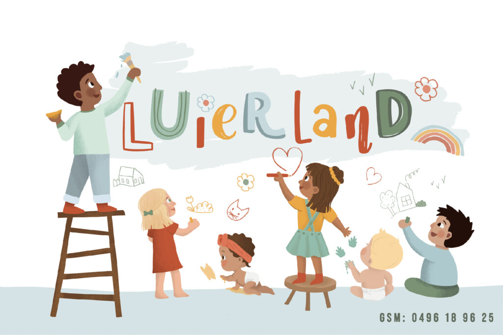 Illustratie van spelende kinderen bij het Luierland-logo – kinderdagverblijf in Maasmechelen